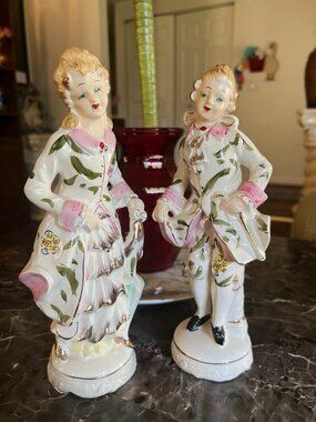 Vintage Japan Porcelain Figurine Couple Set Victorian Style Hand Painted Floral